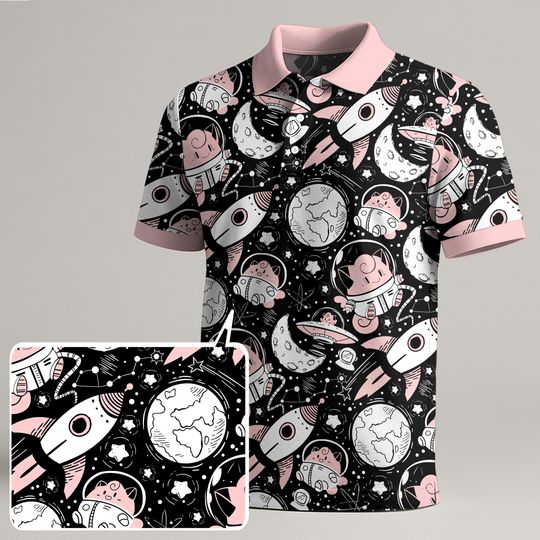 Clefairy Polo Shirt, Kawaii Space Shirt, Cute Astronaut Polo Shirt Pattern, Funny Summer Polo, Trendy Vintage Shirt Gift
