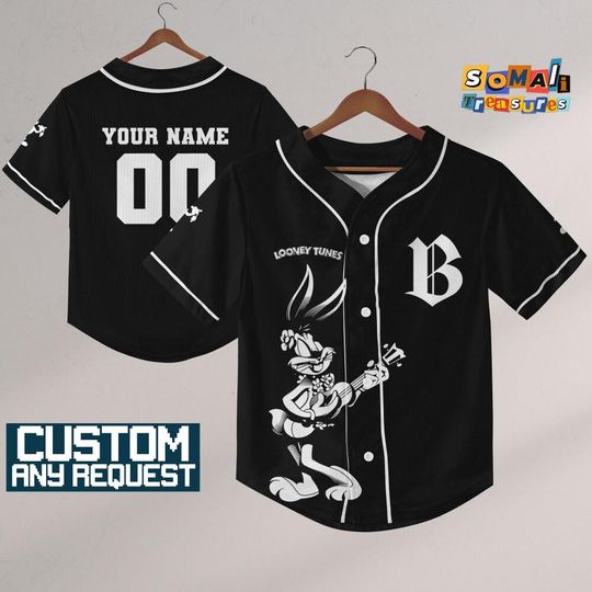 Personalize Looney Tunes Bugs Bunny Black White Baseball, Baseball Team Outfit, Gift for Space Jamz Fans, Tune Squad Jersey, Family Jersey