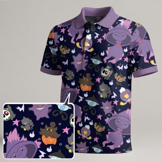 Discover Mismagius Polo Shirt, Kawaii Ghost Pattern Summer Polo for Men Women, Cute Vintage Style Shirt, Funny Trendy Outfit, Mismagius Shirt Gift