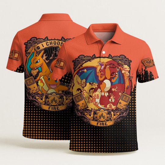 Charizard Polo Shirt, Charmander Polo Shirt Pattern, Funny Aloha Polo, Summer Beach Shirt, Cute Kawaii Polo, Thicc Charizard Shirt Gifts