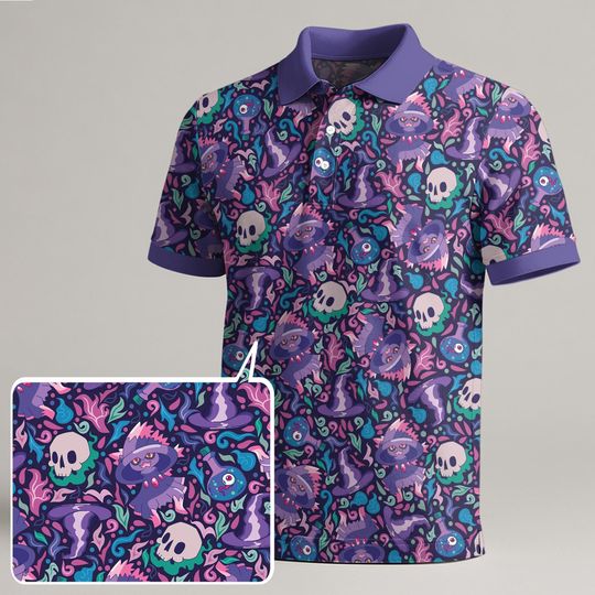 Mismagius Polo Shirt, Unisex Purple Ghost Polo with Spooky Cute Pattern, Kawaii Summer Polo Top, Funny Shirt Birthday Christmas Gift
