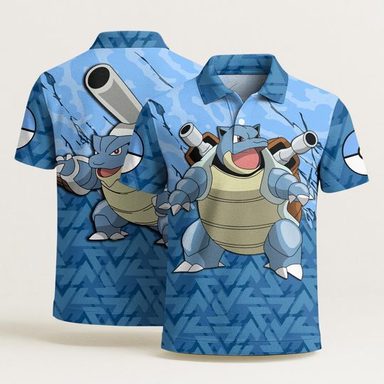 Blastoise Polo Shirt, Squirtle Polo Shirt, Vintage Aloha Shirt, Cute Summer Beach Polo, Funny Kawaii Shirt, Blastoise Shirt Gift