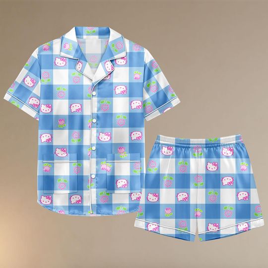 Discover Cute Blue Gingham Hello Kitty Floral Pajama Set for Women with Pocket