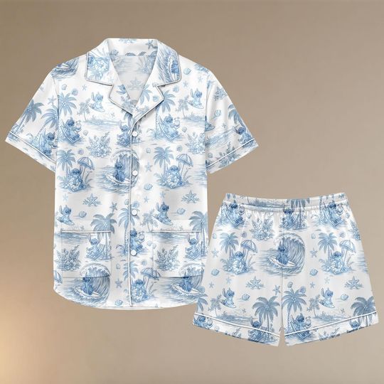 Disney Stitch Hawaiian Satin Pajamas Set,Disneyland Trip 2025 Silk Sleepwear for Women