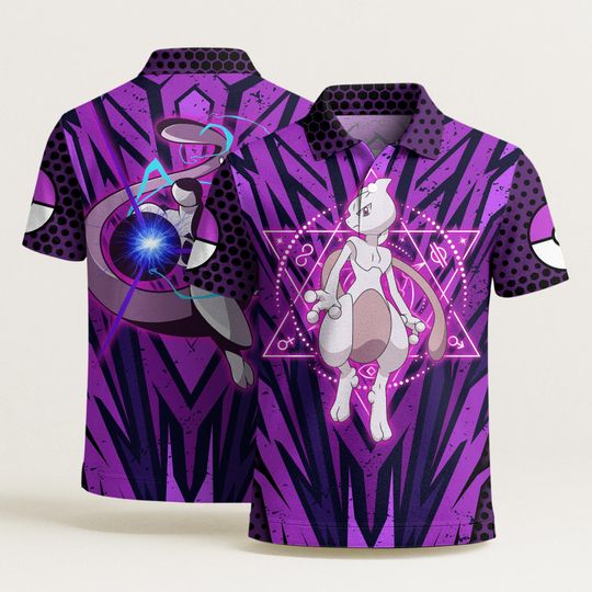 Mewtwo Polo Shirt, Vintage Graphic Polo Shirt, Cute Summer Beach Shirt, Kawaii Aloha Polo, Funny Unisex Shirt, Mewtwo Shirt Gift
