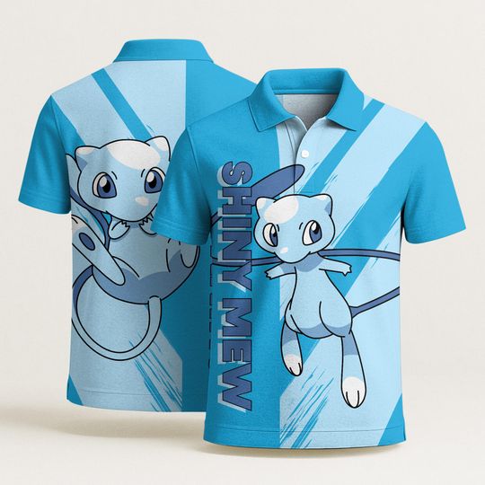 Mew Polo Shirt, Shiny Mew Graphic Polo, Cute Summer Beach Shirt, Vintage Kawaii Polo, Funny Aloha Polo Shirt, Shiny Mew Shirt Gifts