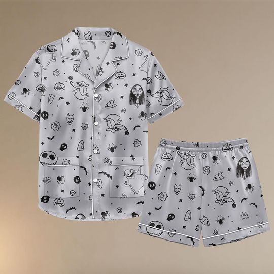 Discover Halloween Jack Skellington Sally Satin Pajamas Set, Vintage Nightmare Before Christmas Short Pjs, Disney Horror Short Sleeve Pajamas Fo