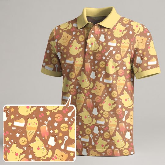 Mimikyu Polo Shirt, Unisex Brown Cute Ghost Polo with Fun Pattern, Kawaii Summer Polo Top, Funny Pika Gift Shirt