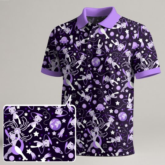 Mewtwo Polo Shirt, Unisex Purple Space Polo with Galaxy Pattern, Cute Kawaii Polo Top for Summer, Funny Trendy Shirt Gift