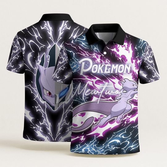 Discover Mewtwo Polo Shirt, Unisex Graphic Polo, Lightning Power Style Polo, Funny Summer Shirt, Vintage Tropical Aloha Polo, Mewtwo Shirt Gifts