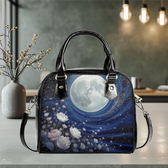 Discover Floral Moon sky magical mystical Vegan Leather Shoulder Bag purse tote crossbody bag