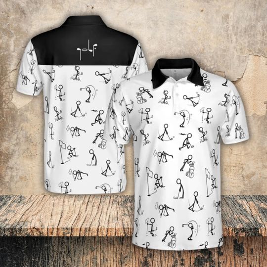 Golf Polo Shirt Stick Figure Cartoon Golfer Sports Tee