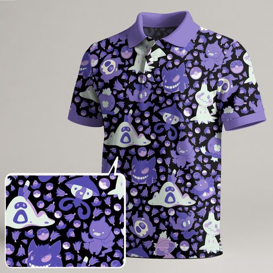 Gengar Polo Shirt, Cute Kawaii Ghost Pattern Polo, Funny Summer Outfit, Trendy Vintage Style Polo Shirt, Gengar Shirt Gift