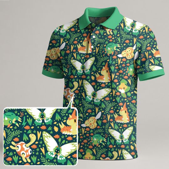 Shuckle Butterfree Polo Shirt, Cute Kawaii Insect Pattern Summer Polo, Funny Vintage Style Shirt, Trendy Gift Outfit, Shuckle Shirt Gift