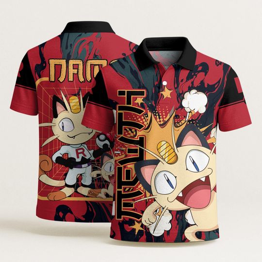 Discover Meowth Polo Shirt, Unisex Custom Name Polo, Personalized Graphic Polo Shirt, Funny Summer Beach Shirt, Cute Kawaii Polo, Meowth Shirt Gifts