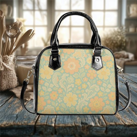Discover Everyday shoulder bag vegan leather tote retro flower floral popular design purse spring winter fall art  - black satchel purse