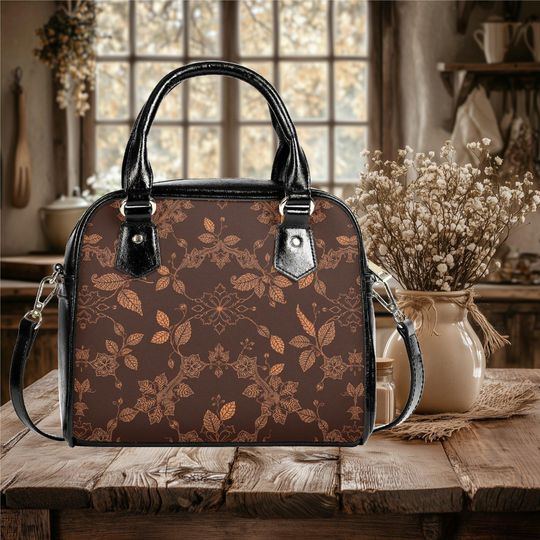 Everyday shoulder bag vegan leather tote retro lace leaf floral popular design purse spring winter fall art  - black satchel purse