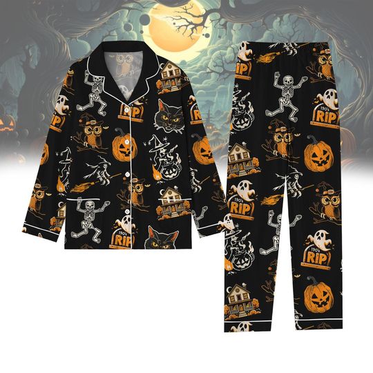 Halloween Witchy Vibes Pajamas Set with Skeleton, Black Cat, and Pumpkin Shirt for Adults