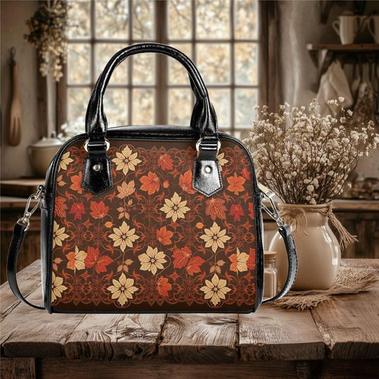 Discover Everyday shoulder bag vegan leather tote retro flower floral popular design purse spring winter fall art  - black satchel purse