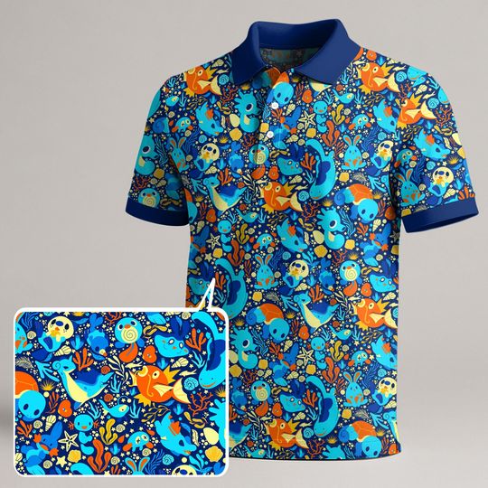 Magikarp Lapras Polo Shirt, Unisex Ocean Theme Polo with Cute Blue Orange Pattern, Summer Kawaii Polo Top, Gift Idea, Magikarp Shirt Gifts