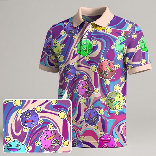 Weezing Polo Shirt, Colorful Swirl Pattern Kawaii Summer Polo for Men Women, Funny Vintage Style Outfit, Cute Weezing Shirt Gift