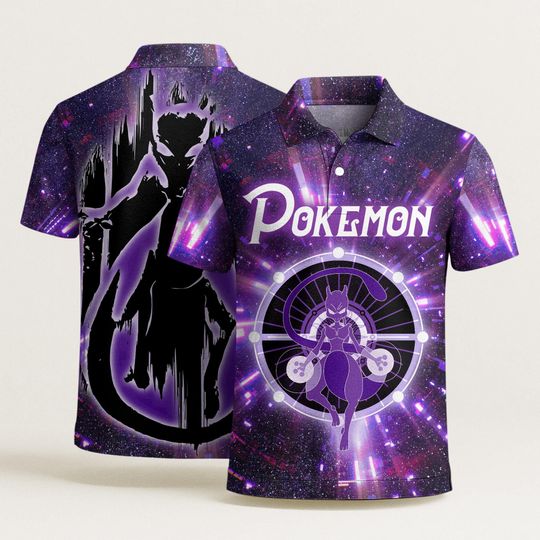 Mewtwo Polo Shirt, Unisex Galaxy Graphic Polo, Funny Summer Beach Shirt, Vintage Tropical Aloha Polo, Mewtwo Shirt Gifts