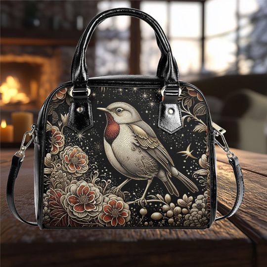 vegan leather Shoulder Handbag Summer fall or everyday bag purse black crossbody satchel tote fun cute red robin bird whimsical design