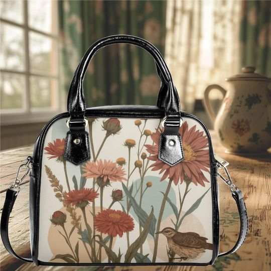 Discover Shoulder Handbag satchel messenger retro bird floral flower wildflower cottagecore bag purse black tote spring summer fall handbag