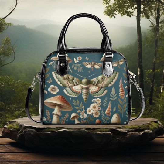 Discover Shoulder Handbag satchel messenger retro floral flower wildflower moth mushroom cottagecore bag purse black tote spring summer fall handbag