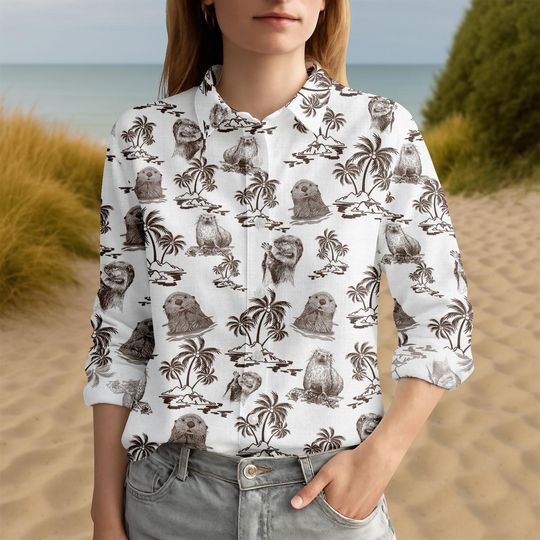 Discover Vintage Otter T-Shirt with Marine Wildlife Graphic, Long Sleeve Women’s Blouse