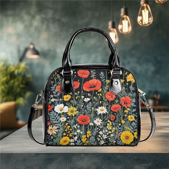 Shoulder Handbag satchel messenger retro floral flower wildflower cottagecore bag purse black tote spring summer fall handbag