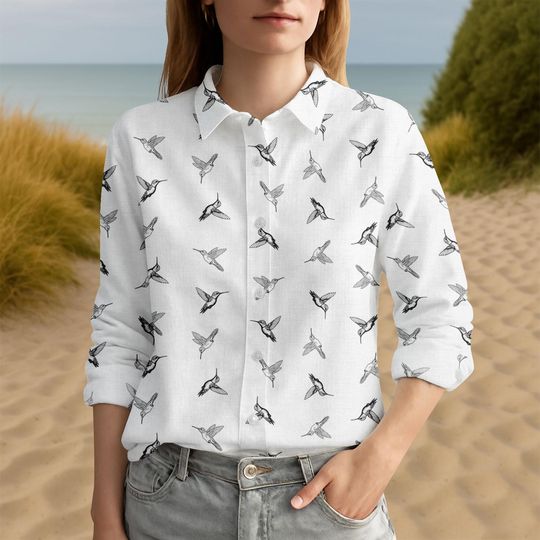 Hummingbird Women's Blouse, Long Sleeve Casual Bird Shirt, Vintage Animal Print Top