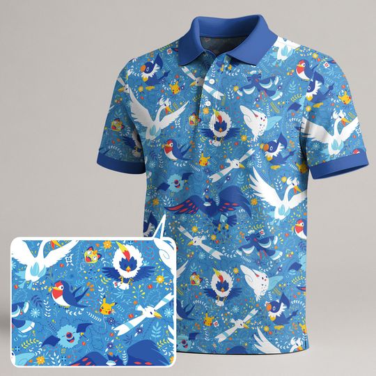 Togekiss Swanna Polo Shirt, Unisex Blue Bird Polo with Cute Sky Pattern, Kawaii Summer Polo Top, Funny Togekiss Shir Gift