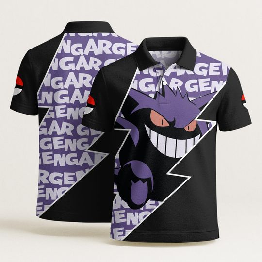 Gengar Polo Shirt, Unisex Graphic Polo, Cute Kawaii Aloha Shirt, Funny Summer Beach Shirt, Vintage Vacation Polo, Gengar Shirt Gifts