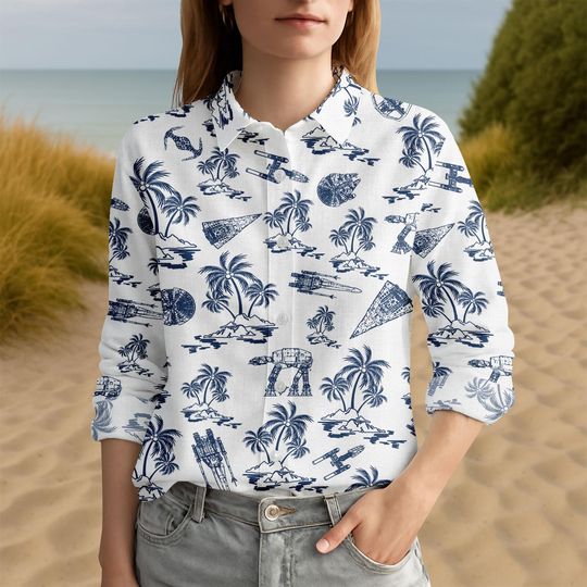 Discover Disney Star Wars Galaxy's Edge Blouse for Women, Vintage Space Ship Battle Shirt