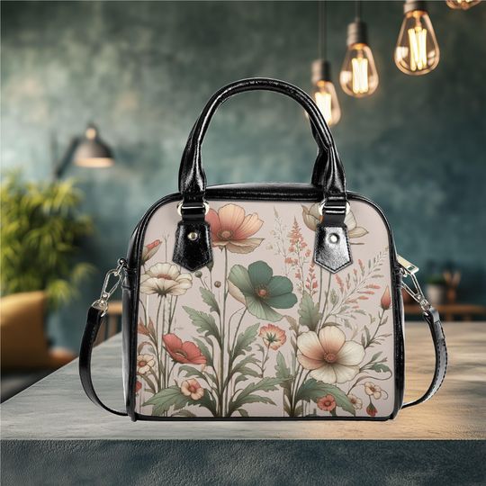 Discover Shoulder Handbag satchel messenger retro floral flower wildflower cottagecore bag purse black tote spring summer fall handbag