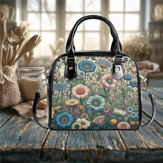 Shoulder Handbag satchel messenger dark floral flower cottagecore  wildflower boho colors lover bag purse black tote Nice Gift Mom Grandma