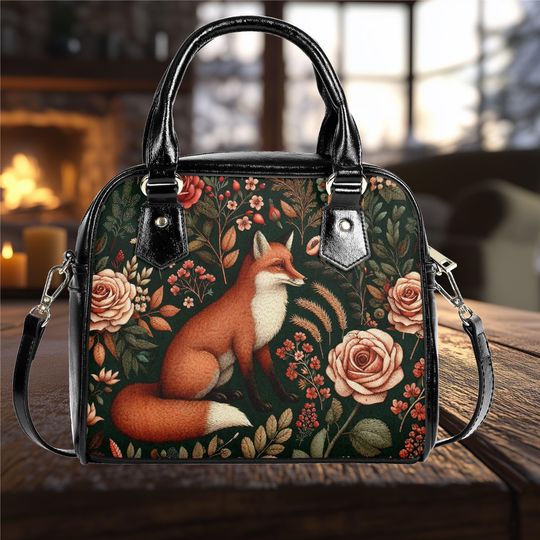 Shoulder Handbag satchel messenger dark floral flower wildflower rose red Fox dark forest cottagecore bag purse black tote