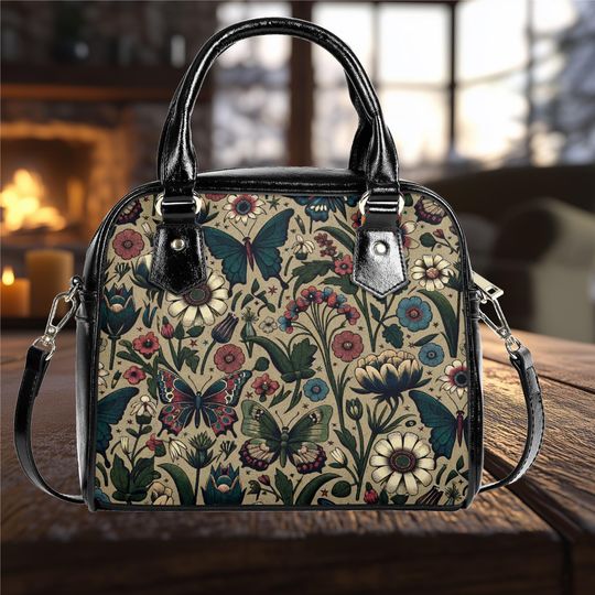 Shoulder Handbag satchel messenger dark floral flower wildflower Butterfly dark forest bag purse black tote