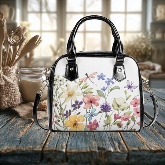 vegan leather flora dragonfly Shoulder Handbag satchel messenger or everyday bag purse black crossbody satchel tote fun cute design