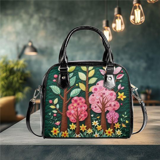 vegan leather Shoulder Handbag spring summer fall or everyday bag purse black crossbody satchel tote fun cute floral boho color design