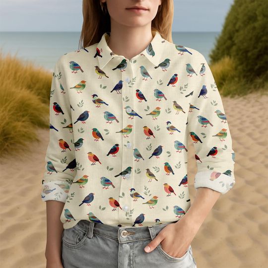 Discover Colorful Hummingbird Shirt for Women, Bird Print Long Sleeve Blouse