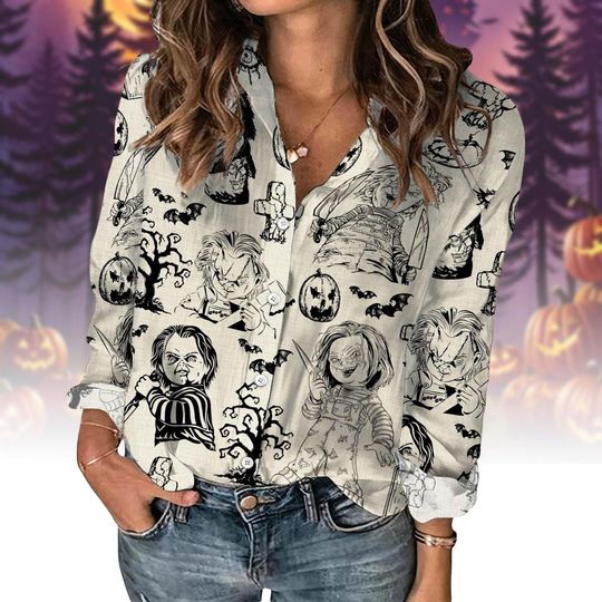 Chucky Halloween Blouse, Child's Play Horror Character Long Sleeve Top for Women
