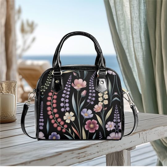vegan leather Shoulder Handbag satchel messenger or everyday floral wildflower bag purse black crossbody satchel tote fun cute design