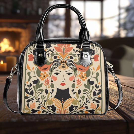 Discover vegan leather Shoulder Handbag satchel messenger everyday face floral wildflower bag purse black crossbody satchel tote fun cute design