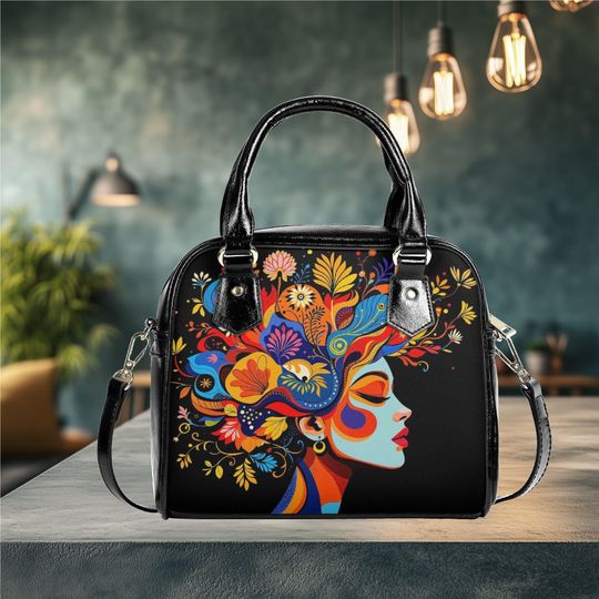 vegan leather Shoulder Handbag satchel messenger floral flower women's face purse black crossbody satchel tote fun cute design