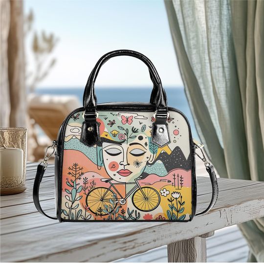 Discover vegan leather Shoulder Handbag satchel messenger everyday face floral wildflower bike bag purse black crossbody satchel tote fun cute bag