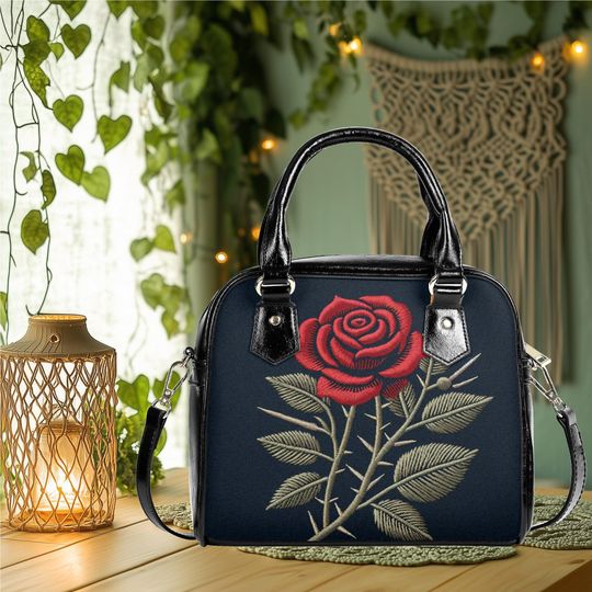 Discover vegan leather Shoulder Handbag satchel messenger or everyday bag purse red rose black crossbody satchel tote design summer fall handbag