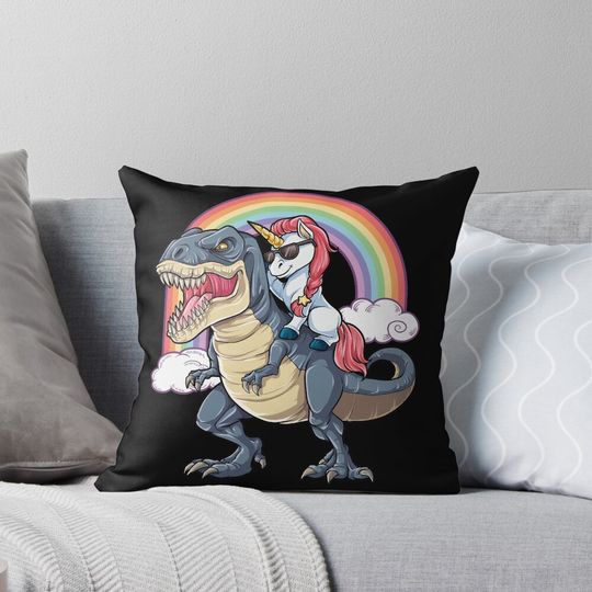 Discover Unicorn Riding Dinosaur T Shirt T-Rex Funny Unicorns Party Rainbow Squad Gifts for Kids Boys Girls Pillow