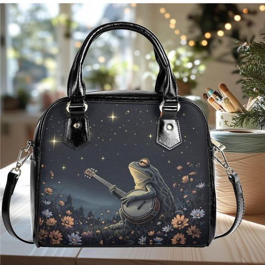 vegan leather Shoulder Handbag satchel messenger Frog dark cottagecore everyday bag purse black crossbody satchel tote fun cute design